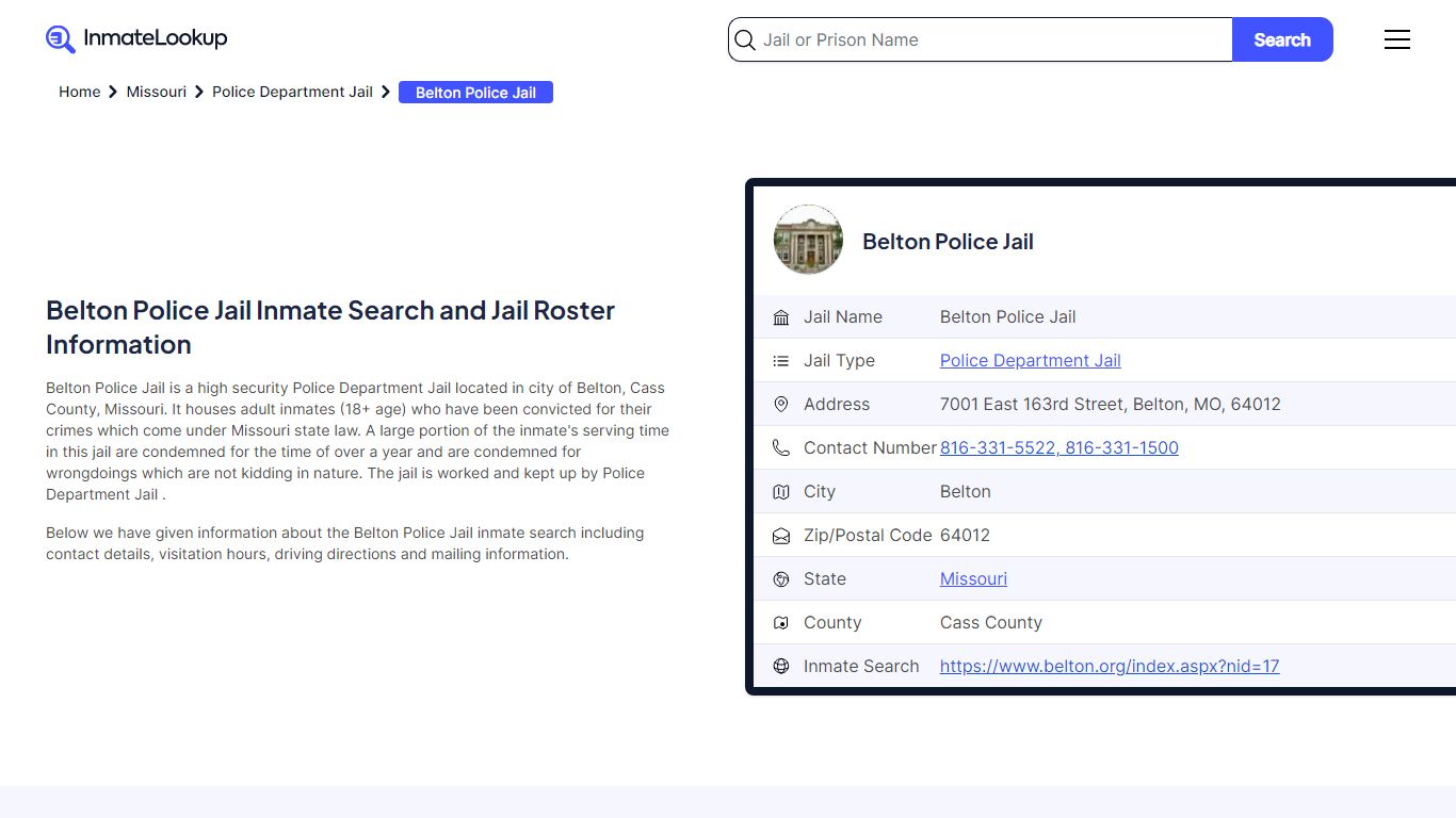 Belton Police Jail Inmate Search - Belton Missouri - Inmate Lookup